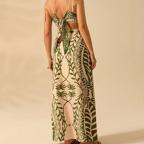 Green Boho Women's Coconut Print Hollow Waist Back Binding Sleeveless Dress - Picture 2 of 7